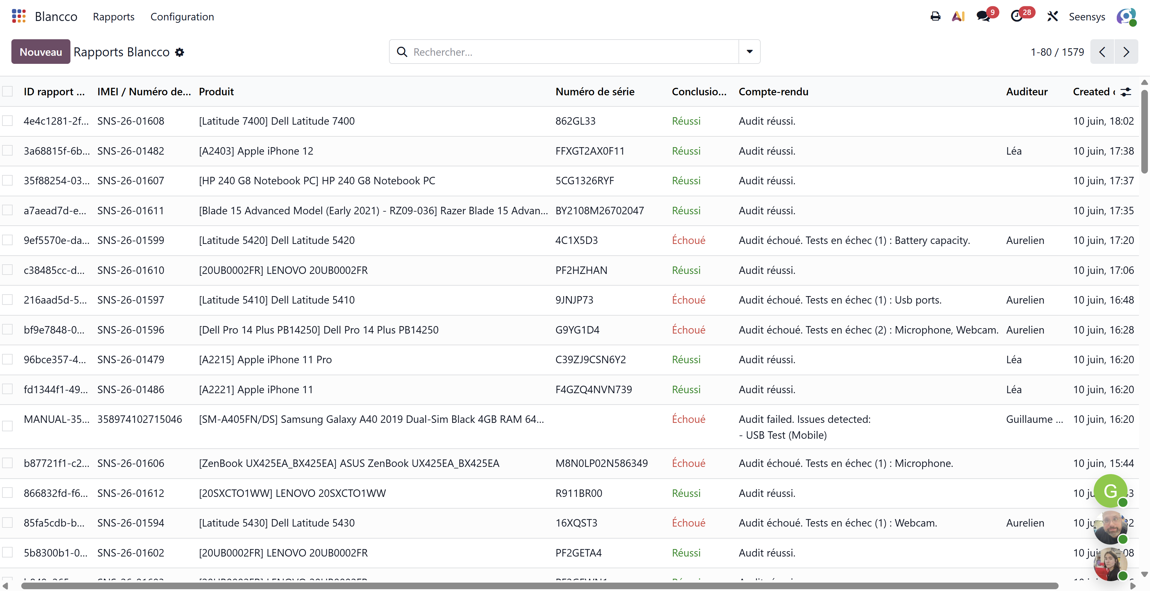 REAV ERP — erasure & audit: device records with Blancco reports, audit results and AI-assessed grade