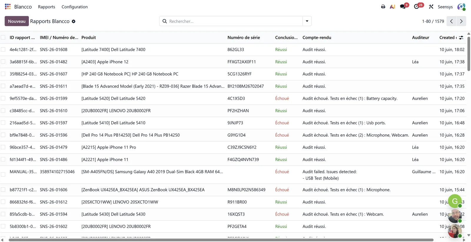 REAV ERP — erasure & audit: device records with Blancco reports, audit results and AI-assessed grade