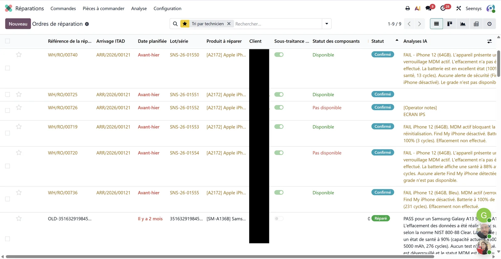 REAV ERP — repair orders (Réparations module): work queue by technician with grade, component status and AI analysis