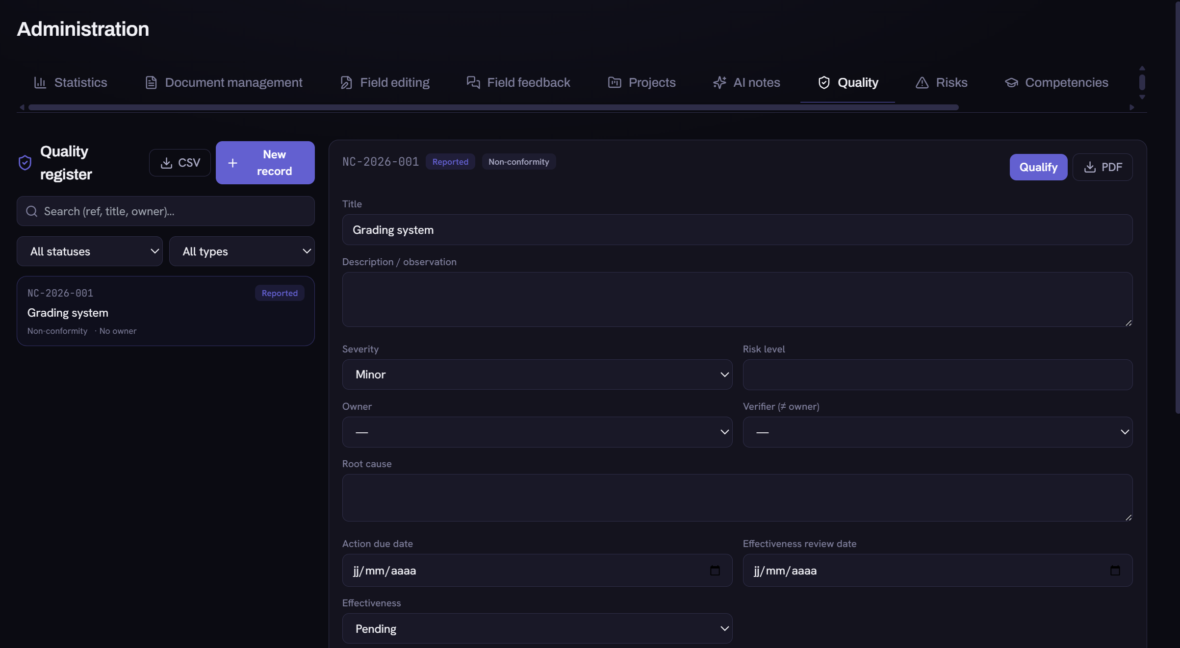 GustAV admin back-office and analytics: document approval workflow, activity dashboard and kanban projects board