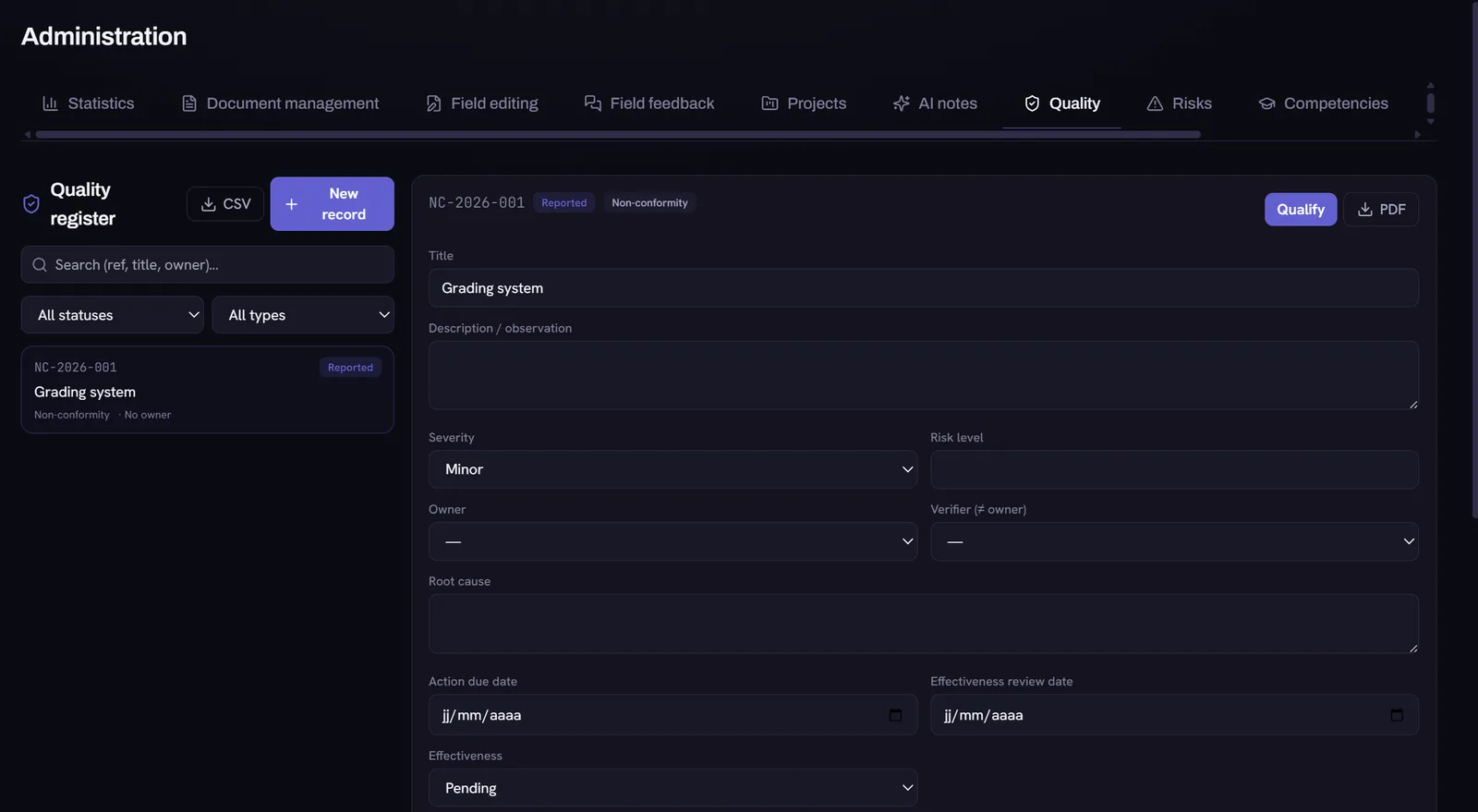 GustAV admin back-office and analytics: document approval workflow, activity dashboard and kanban projects board