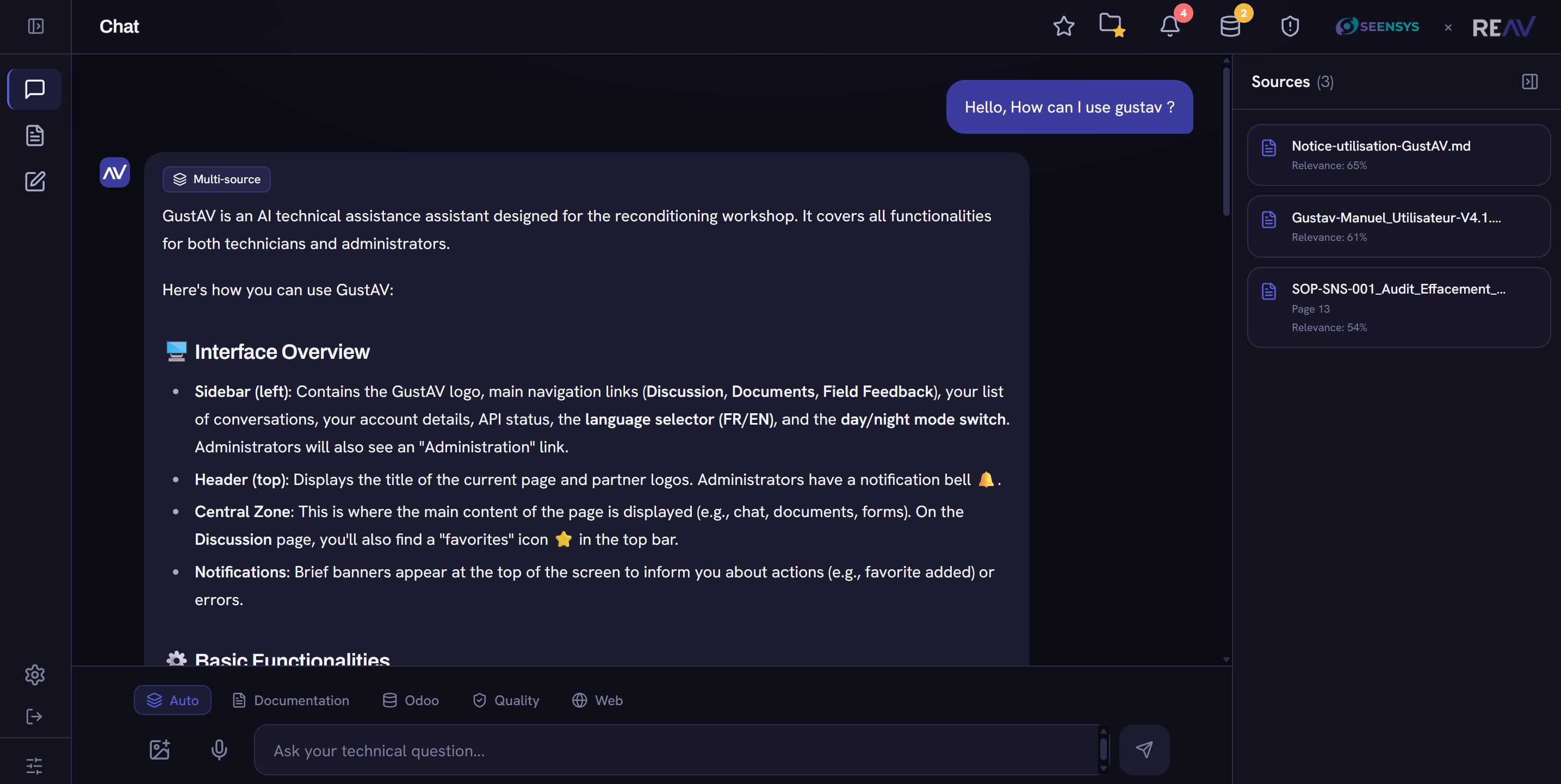 GustAV chat interface with cited sources
