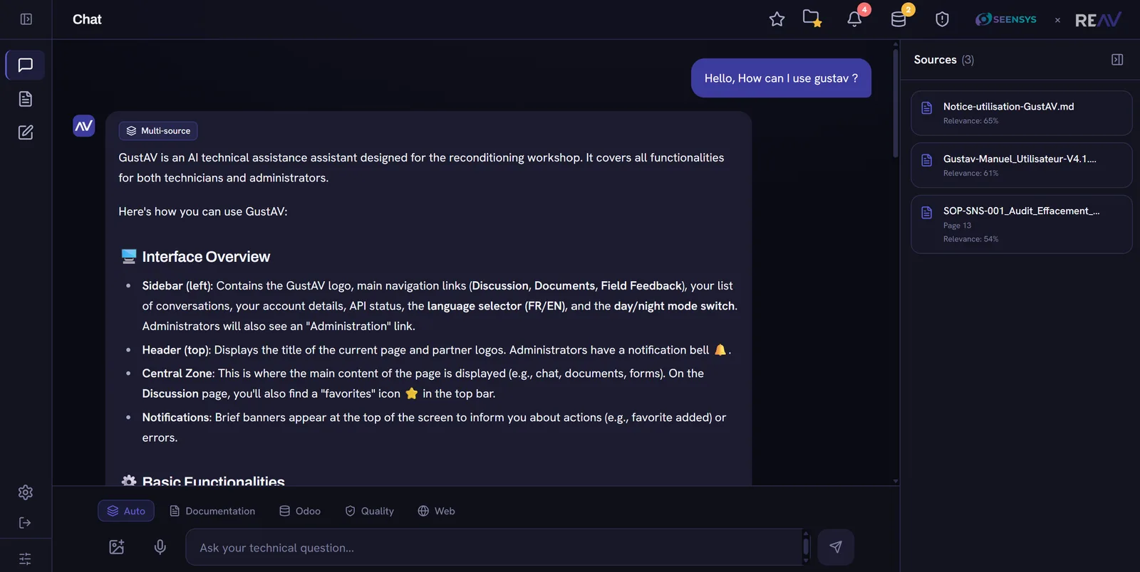 GustAV chat interface showing an answer with its cited sources: document name, page and relevance score