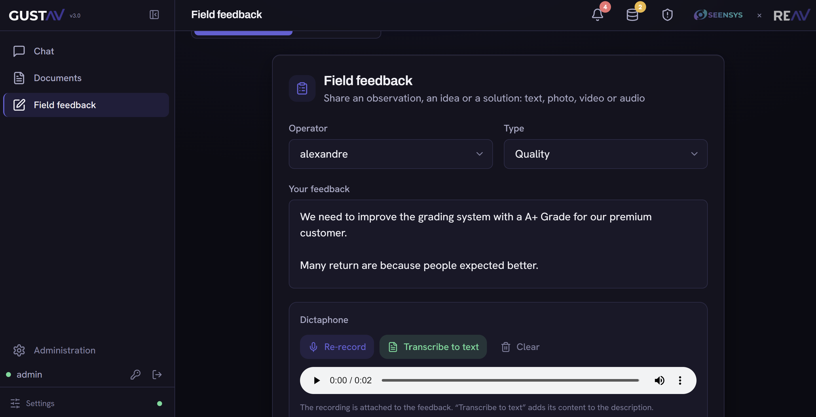 GustAV field feedback: an operator reporting a defect with photo, video, audio and the auto-transcribed voice recorder