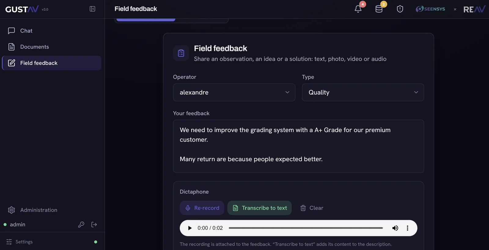 GustAV field feedback: an operator reporting a defect with photo, video, audio and the auto-transcribed voice recorder